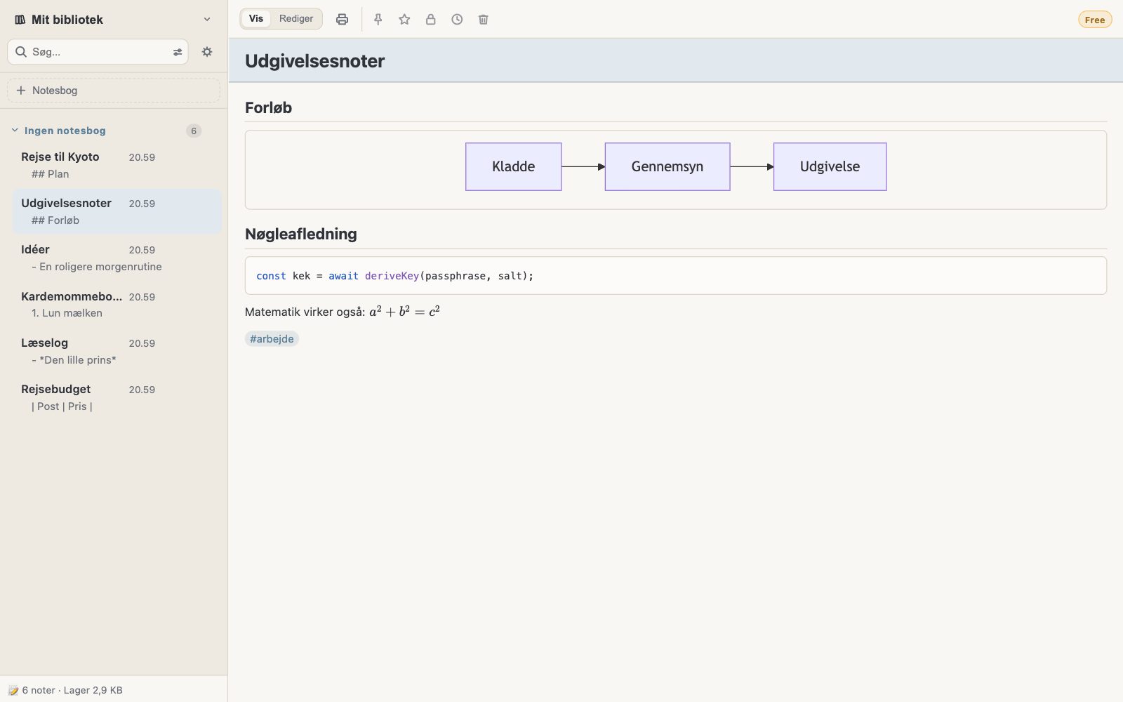En note med et rutediagram, en kodeblok og en formel