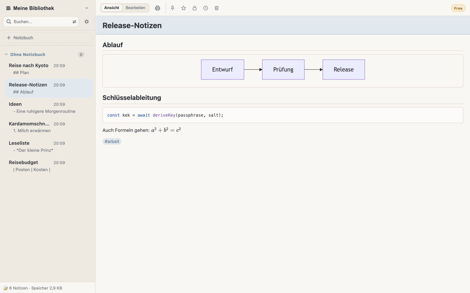 Eine Notiz mit Flussdiagramm, Codeblock und Formel