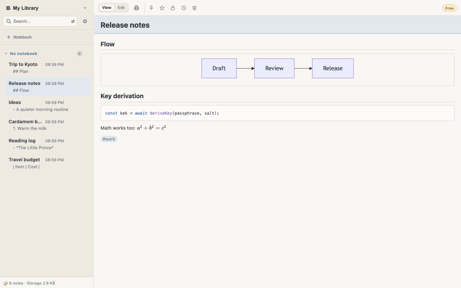 A note showing a flow diagram, a code block and a math formula
