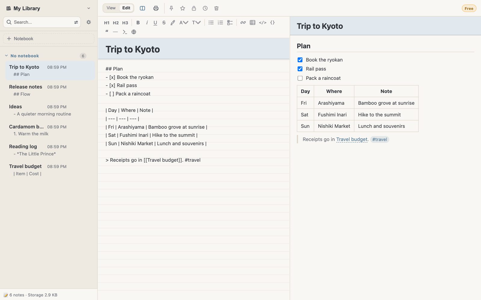 Editing a note in Markdown with the preview beside it