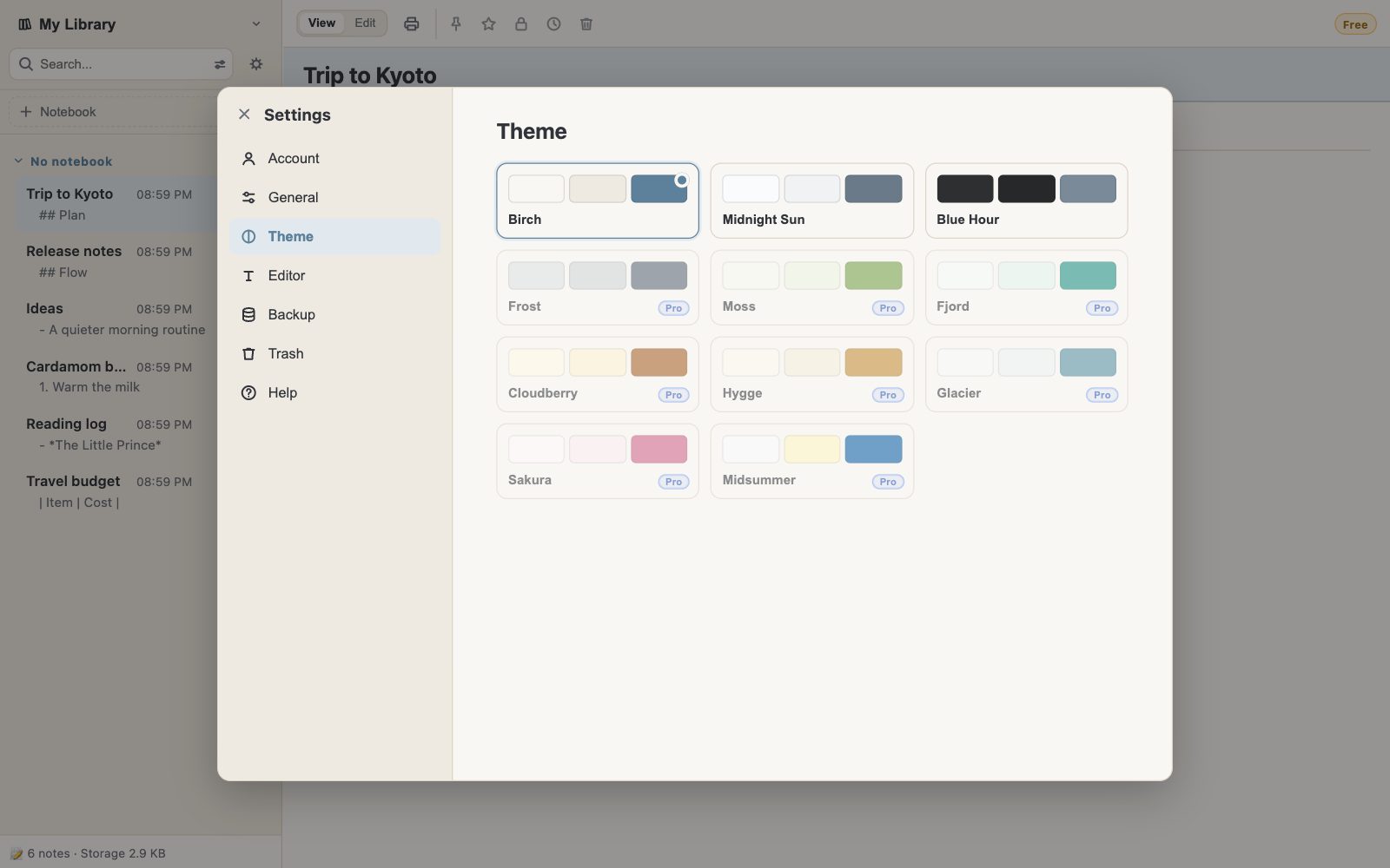 The theme settings with eleven themes