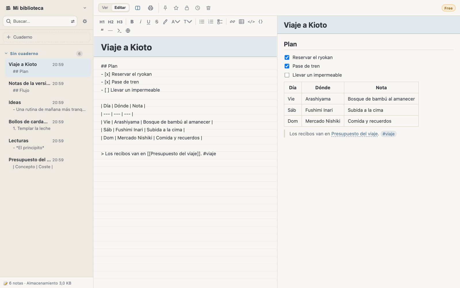 Edición de una nota en Markdown con la vista previa al lado