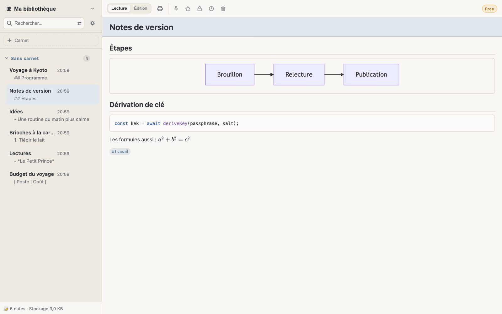 Une note avec un diagramme, un bloc de code et une formule