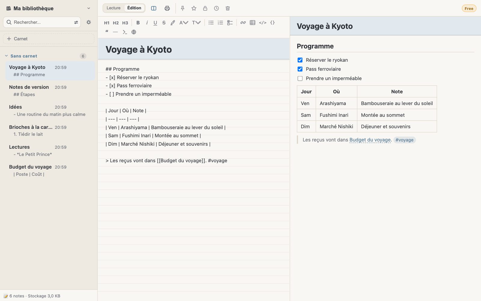 Modification d’une note en Markdown avec l’aperçu à côté