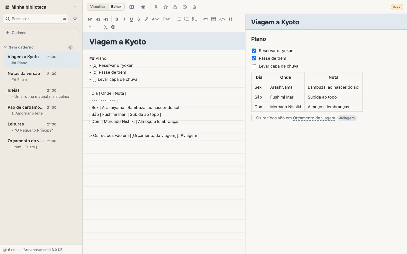 Editando uma nota em Markdown com a pré-visualização ao lado